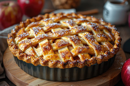 Create an inviting 8K image of a rustic homemade apple pie, freshly baked and golden brown, with a lattice crust and a sprinkling of cinnamon sugar. The pie should be placed on a vintage-style pie dish to evoke a sense of nostalgia. --ar 3:2 --stylize 1000 --v 6 Job ID: f6f51abf-47b9-4cf1-a4a5-27d9fd377ce0の素材