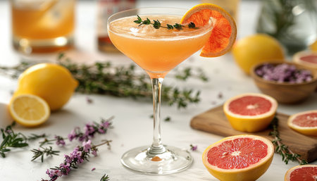Produce a vibrant 8K photograph of a refreshing citrus cocktail, such as a lemon drop martini or a grapefruit margarita, garnished with a slice of citrus and sprigs of fresh herbs. The cocktail should be captured in a crystal-clear glass against a clean white backdrop. --ar 7:4 --stylize 1000 --v 6 Job ID: bd67d10d-f602-4eac-a4de-5287cc395d30の素材
