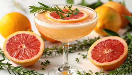 Glass of tasty grapefruit cocktail on white table, closeup viewの素材