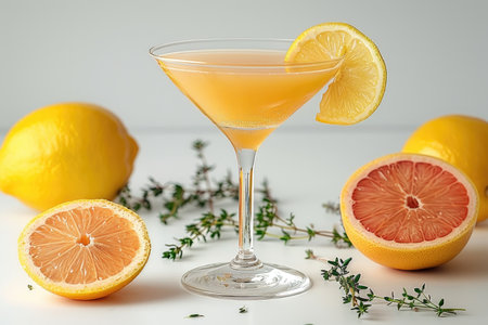 Cocktail with lemon and thyme on a white background.の素材