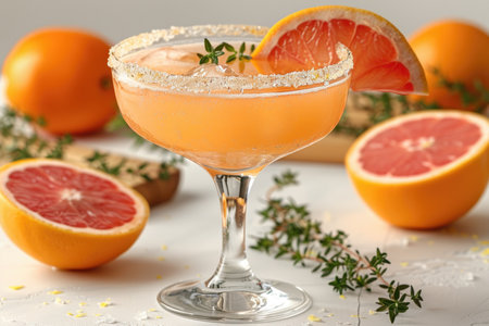 Cocktail with grapefruit and thyme on white table, closeupの素材
