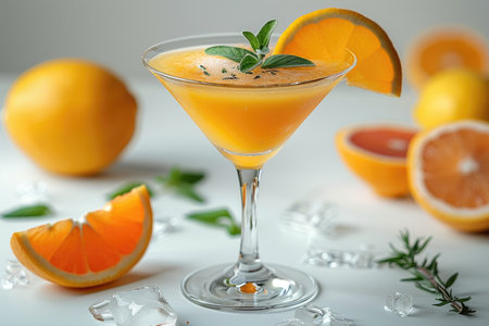 Orange cocktail with ice cubes and fresh oranges on white table, closeupの素材