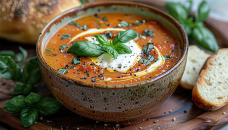 Tomato soup with mozzarella cheese and basil in a bowlの素材