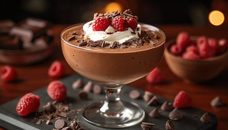 Capture the essence of indulgence with an 8K photograph of a rich and creamy chocolate mousse dessert, topped with whipped cream and chocolate shavings. The dessert should be presented in an elegant glass or ramekin. --ar 7:4 --stylize 1000 --v 6 Job ID: 5e274611-9e80-4694-a685-dd41dcc6cfdbの素材