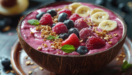 Create a visually pleasing 8K image of a refreshing fruit smoothie bowl with a vibrant blend of mixed berries, banana slices, and a sprinkle of granola on top. The smoothie bowl should be presented in a coconut shell for a tropical touch. --ar 7:4 --stylize 1000 --v 6 Job ID: 156e00d1-aca0-4fa3-b107-dfe04a003946の素材