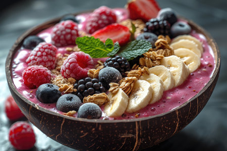 Create a visually pleasing 8K image of a refreshing fruit smoothie bowl with a vibrant blend of mixed berries, banana slices, and a sprinkle of granola on top. The smoothie bowl should be presented in a coconut shell for a tropical touch. --ar 3:2 --stylize 1000 --v 6 Job ID: 5c974825-36a2-479c-9a1d-86d51d21281eの素材