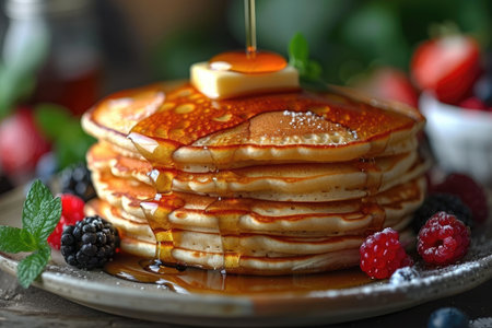 Capture the essence of a breakfast classic with an 8K photograph of fluffy buttermilk pancakes stacked high, topped with a pat of butter and drizzled with maple syrup. The pancakes should be garnished with fresh berries for a pop of color. --ar 3:2 --stylize 1000 --v 6 Job ID: 135dc925-e4d2-4d94-82ee-263eadfc7ca5の素材