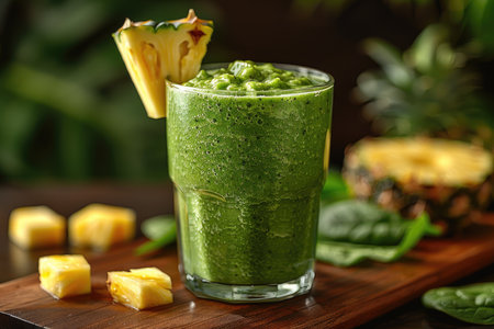 Healthy green smoothie with spinach and pineapple on wooden table, closeupの素材