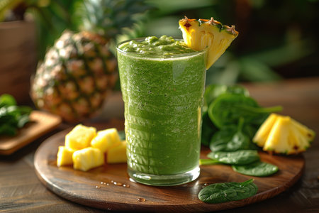 Glass of tasty smoothie with spinach on wooden table, closeupの素材