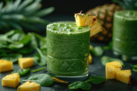Create a visually pleasing 8K photograph of a refreshing green smoothie with a blend of spinach, banana, pineapple, and coconut water, garnished with a slice of fresh pineapple. The smoothie should be presented in a clear glass to showcase its vibrant green color. --ar 3:2 --stylize 1000 --v 6 Job ID: 0aa4b4e5-272e-4769-bdd6-e5faea40296aの素材
