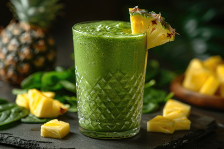 Create a visually pleasing 8K photograph of a refreshing green smoothie with a blend of spinach, banana, pineapple, and coconut water, garnished with a slice of fresh pineapple. The smoothie should be presented in a clear glass to showcase its vibrant green color. --ar 3:2 --stylize 1000 --v 6 Job ID: 4e3b18e7-9581-46ff-a485-11a4614ac096の素材
