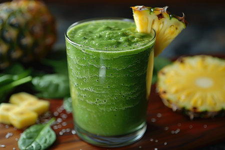 Create a visually pleasing 8K photograph of a refreshing green smoothie with a blend of spinach, banana, pineapple, and coconut water, garnished with a slice of fresh pineapple. The smoothie should be presented in a clear glass to showcase its vibrant green color. --ar 3:2 --stylize 1000 --v 6 Job ID: 9a6f4d2b-3450-46d3-87f3-ca0d92d376a5の素材