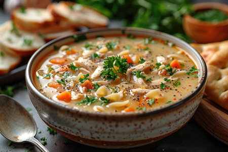 Tasty chicken soup with vegetables in bowl on table, closeupの素材