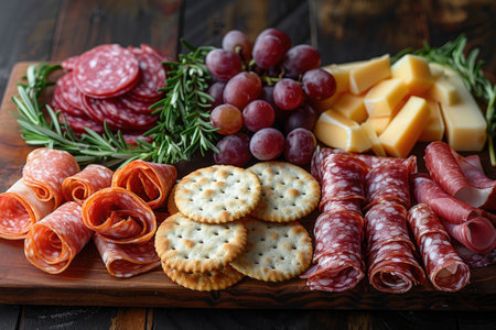 Produce an appetizing 8K photograph of a gourmet charcuterie board with a selection of cured meats, artisanal cheeses, fresh fruits, and a variety of crackers. The board should be beautifully arranged with attention to color and texture. --ar 3:2 --stylize 1000 --v 6 Job ID: 5b81a6da-72a2-44c0-8826-ffb83606b9dfの素材