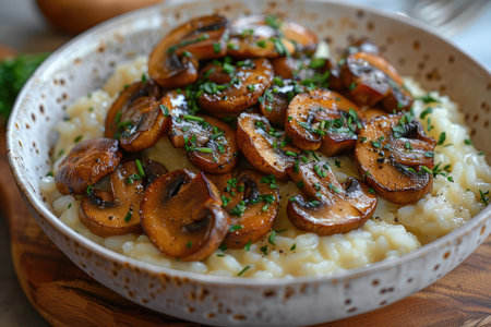 Risotto with mushrooms and thyme on a wooden background.の素材