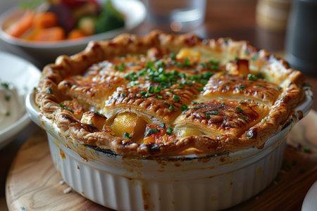 Tasty homemade pie with meat and vegetables in baking dish on wooden tableの素材