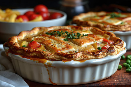 Vegetable pie with chicken and cheese in a baking dish.の素材