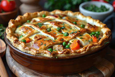 Homemade pie with chicken and vegetables in a rustic style.の素材