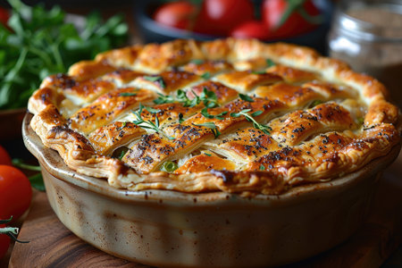 Homemade pie with cheese and herbs on a wooden board, selective focusの素材