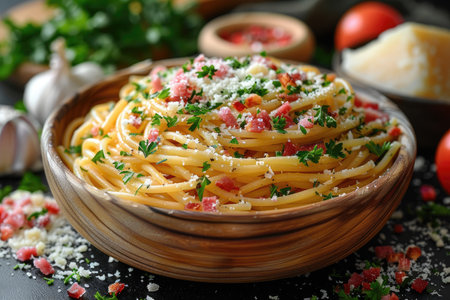 Spaghetti carbonara with parmesan cheese and parsley in wooden bowlの素材