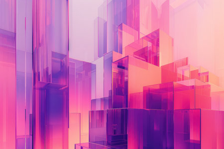 An abstract digital illustration featuring an arrangement of geometric glass panels in pink and purple hues.の素材
