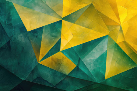 An abstract image featuring a pattern of overlapping green and yellow triangles, creating a dynamic and visually appealing composition.の素材