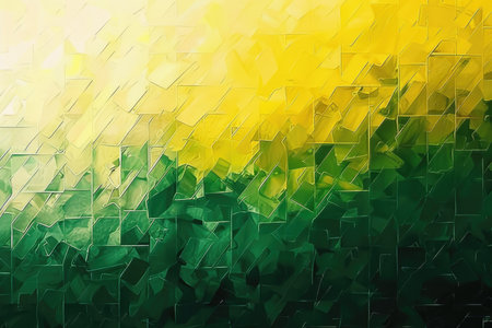 An abstract painting with a geometric design in shades of green and yellow with glowing highlights.の素材