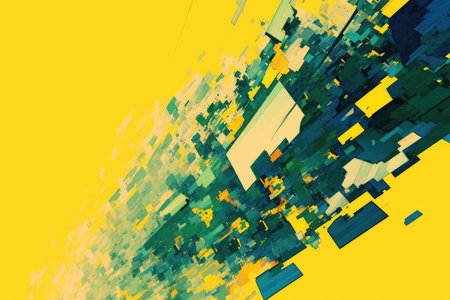 A vibrant digital painting with geometric shapes in yellow, green, and blue colors.の素材