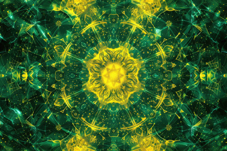 A digital abstract artwork featuring a green and gold mandala with intricate geometric patterns.の素材
