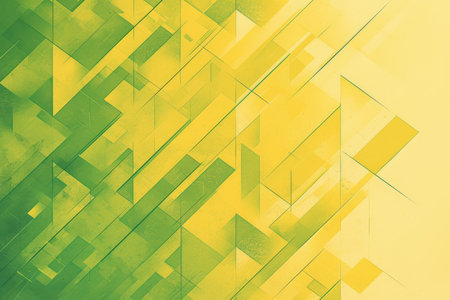 A digital abstract artwork featuring a geometric pattern of overlapping lines and shapes in shades of yellow and green.の素材