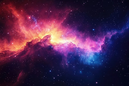 A vibrant cosmic landscape featuring nebulas and stars in a deep space background.の素材