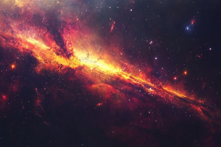 A vibrant nebula with swirling red and yellow hues against a backdrop of twinkling stars.の素材