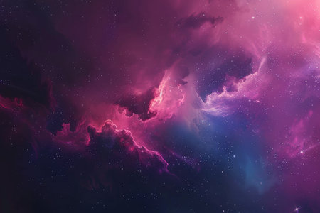 A deep space image of a pink and blue nebula surrounded by countless stars against a dark background.の素材