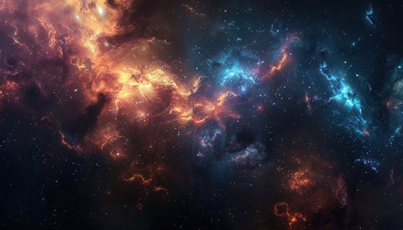 A vibrant image of a swirling expanse of space filled with nebulae, stars, and cosmic dust.の素材