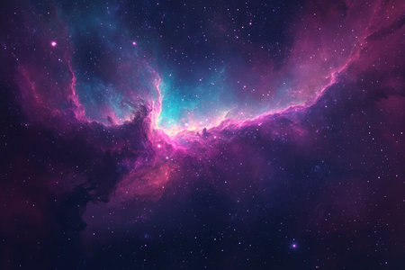 A breathtaking view of a nebula with vibrant pink and blue hues in a dark space, featuring countless stars.の素材