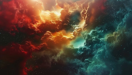 A stunning image of a nebula in space, with vibrant reds and greens, and countless stars.の素材