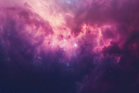 A vibrant cosmic nebula with pink and purple colors, featuring a scattering of stars.の素材