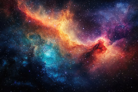 A vibrant cosmic nebula with swirling clouds of gas and dust, illuminated by distant stars, against a dark starry background.の素材