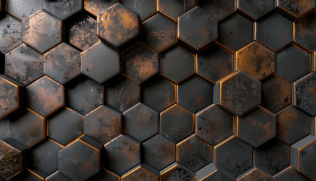 A close-up image of a metallic hexagonal pattern with a rusty finish.の素材