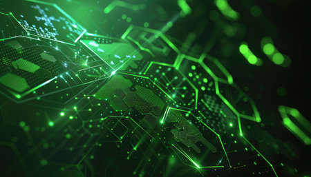 A digital illustration depicting a green network with geometric shapes and glowing lights.の素材