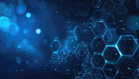 An abstract blue background with glowing hexagon pattern and bokeh lights, representing technology and innovation.の素材