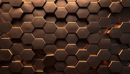 A 3D rendering of an abstract background featuring a repeating pattern of metallic hexagons.の素材