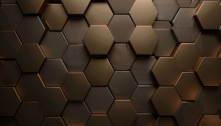 A close-up of a repeating pattern of metallic hexagons, showcasing their geometric shapes and textured surfaces.の素材