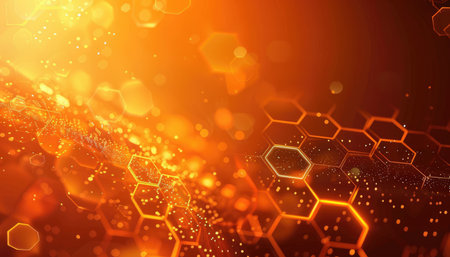 An abstract image featuring a glowing orange hexagonal pattern with bokeh lights.の素材
