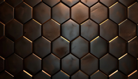 A close-up image of a wall featuring black hexagonal tiles with gold accents, creating a geometric pattern.の素材