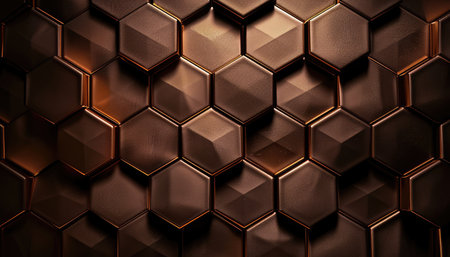 A close-up view of a pattern made of bronze hexagon tiles with a textured surface.の素材