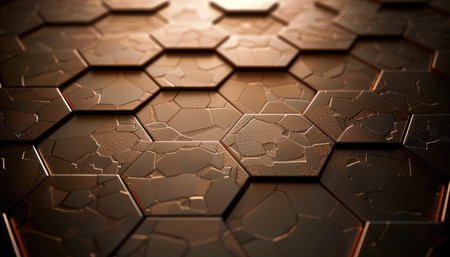 An abstract image of interlocking hexagons with a metallic brown texture.の素材