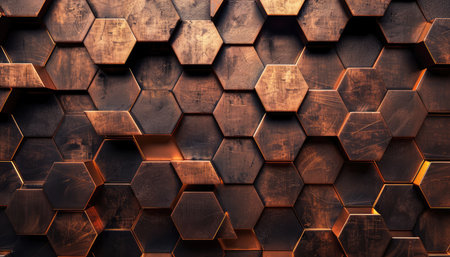 A close-up view of a geometric pattern made of bronze-colored hexagonal tiles with a textured surface.の素材