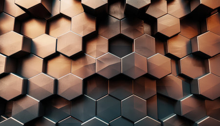 A close-up of an abstract geometric pattern of hexagonal shapes in bronze and gray.の素材