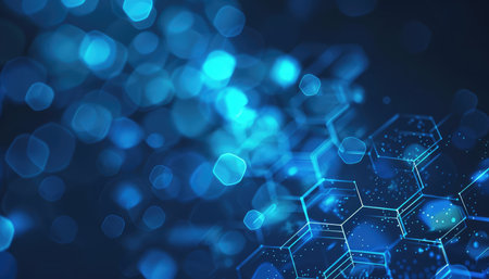 An abstract image featuring a hexagonal pattern with blurred blue lights, creating a modern and digital aesthetic.の素材